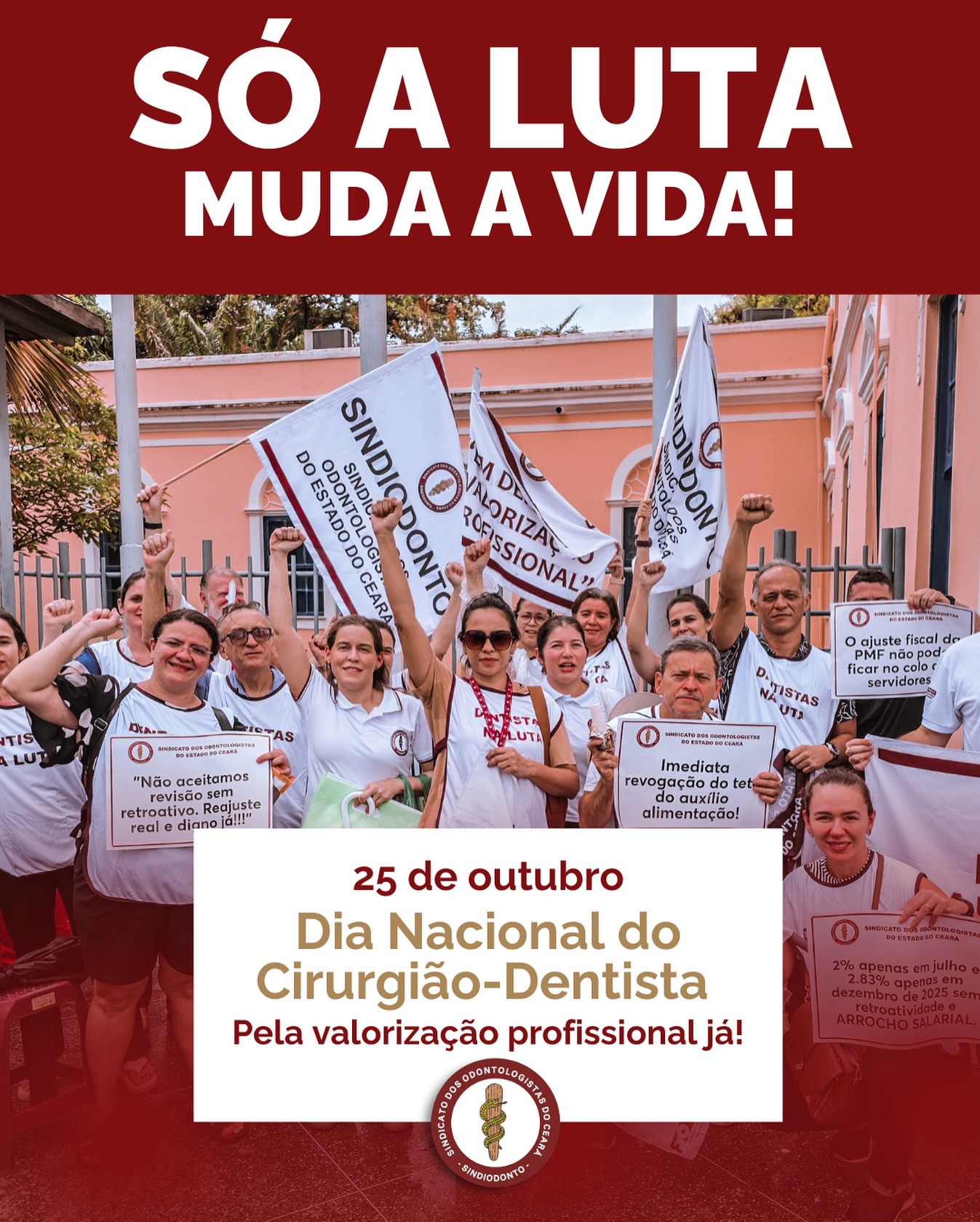 A data de hoje nos convida à reflexão sobre os desafios enfrentados diariamente pelos cirurgiões-dentistas.

A falta de valorização profissional ainda é uma realidade que compromete não apenas a vida dos profissionais, mas também a qualidade da saúde bucal oferecida à população.

O não cumprimento do piso salarial, as condições precárias de trabalho e a ausência de reconhecimento do papel essencial da odontologia na saúde pública são questões que exigem mobilização e firmeza.

Neste dia que deveria ser de celebração, o Sindiodonto Ceará reafirma seu compromisso com a categoria e convoca todos os colegas a se unirem em defesa dos nossos direitos, da dignidade e do respeito que merecemos.

✊ Junte-se a nós. Só a luta muda a vida!