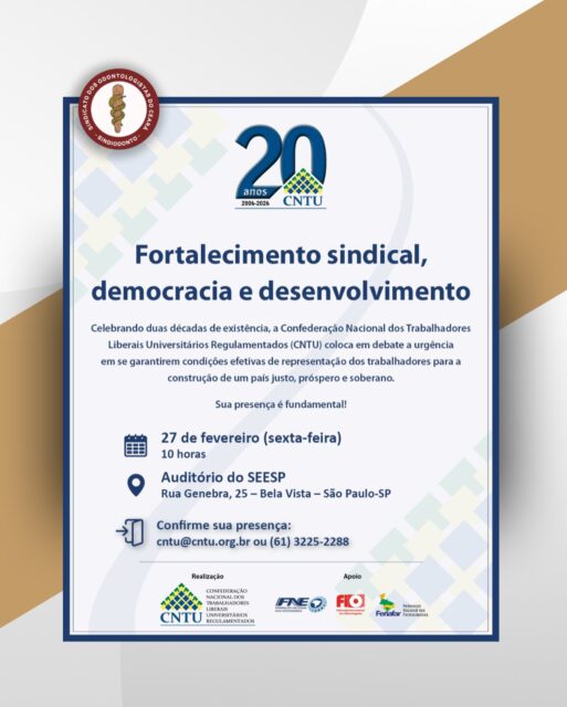 Fortalecer o sindicalismo é fortalecer a democracia.

Ao celebrar 20 anos de história, a CNTU promove um encontro essencial para debater o papel da representação dos trabalhadores na construção de um país mais justo, próspero e soberano. O Sindiodonto irá participar desse importante evento com demais entidades sindicais. Continue seguindo nossas redes sociais para mais informações.

📅 27 de fevereiro | ⏰ 10h
📍 Auditório do SEESP – São Paulo

#CNTU20Anos #FortalecimentoSindical
