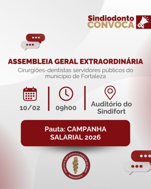 ⚠️ Atenção cirurgião-dentista servidor público do município de Fortaleza! 

O Sindiodonto convoca todos e todas para assembleia extraordinária conjunta dos servidores do município, amanhã, terça-feira (10/02), às 9h, no auditório do Sindifort para discutir a proposta de reajuste apresentada hoje à tarde pela Prefeitura de Fortaleza. 

Participe da luta pelos nossos direitos! 

‼️Assembleia Extraordinária sobre Campanha Salarial de Fortaleza 
🗓️ Terça, 10/02, às 09h 
📍 Auditório do Sindifort - Rua 24 de Maio, 1188 - Centro

#campanhasalarial #servidorpublico #fortaleza #valorizaodonto #sindiodonto