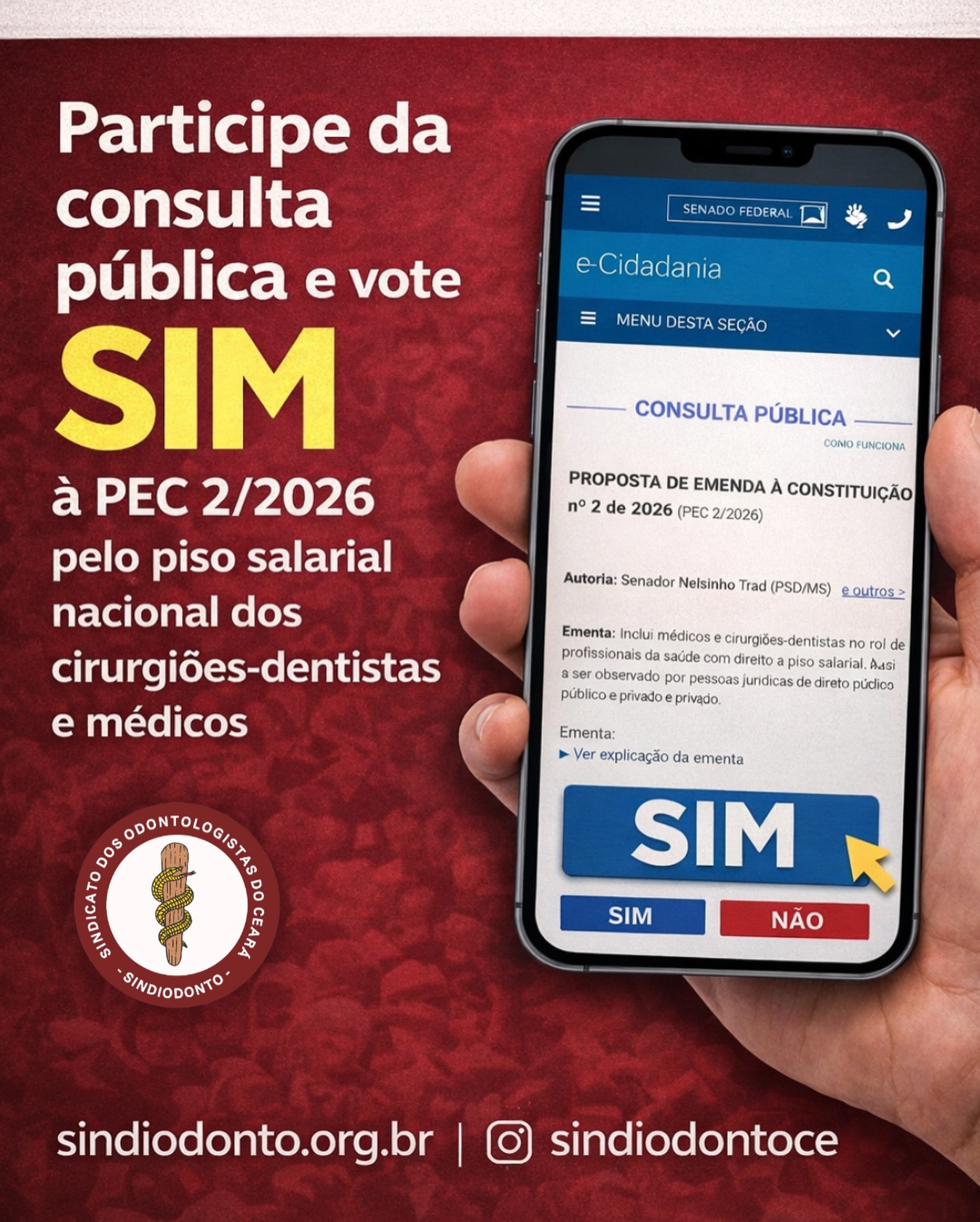 📢 PEC 2/2026 — PISO SALARIAL JÁ!

Está aberta a consulta pública no Senado Federal sobre a PEC 2/2026, que inclui médicos e cirurgiões-dentistas no rol de profissionais da saúde com direito ao piso salarial nacional, válido para instituições públicas e privadas.

👉 Essa é uma pauta histórica de valorização profissional e precisa do apoio da categoria.

✅ Como participar e votar SIM:

1️⃣ Acesse o link:
https://www12.senado.leg.br/ecidadania/visualizacaomateria?id=172668

2️⃣ Faça login com sua conta gov.br

3️⃣ Vote SIM na consulta pública

Seu voto fortalece a luta por condições dignas de trabalho e reconhecimento para quem cuida da saúde da população.

O Sindiodonto Ceará reforça: participe, compartilhe e mobilize.

✊🏽 Valorização não é privilégio. É direito.

#SindiodontoCE #PEC22026 #PisoSalarialJá #CirurgiõesDentistas #ValorizaçãoProfissional ConsultaPública VoteSIM