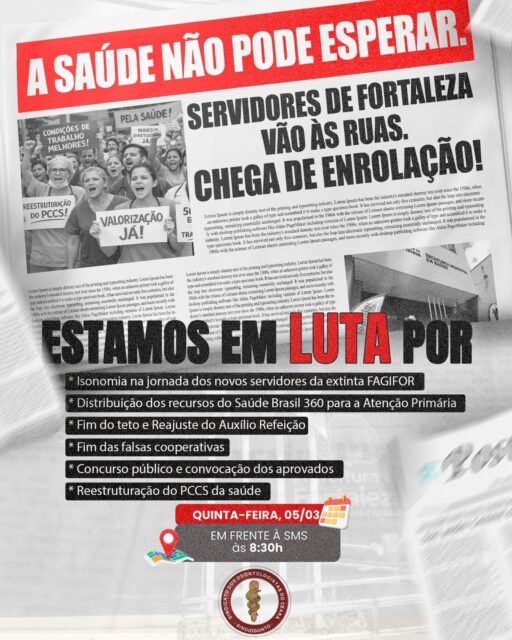 ⚠️⚠️ Os servidores da saúde de Fortaleza seguem mobilizados porque lutar por condições dignas de trabalho é lutar por um atendimento melhor à população. 

Estamos nas ruas em defesa da valorização dos trabalhadores, do fortalecimento da Atenção Primária, do fim das falsas cooperativas, da realização de concurso público e da reestruturação do PCCS da saúde.

📍 Quinta-feira (05/03)
⏰ 8h30
📌 Em frente à SMS

O Sindiodonto Ceará segue firme na luta, ao lado da categoria, por respeito, direitos e valorização. 

JUNTOS SOMOS MAIS FORTES 💪