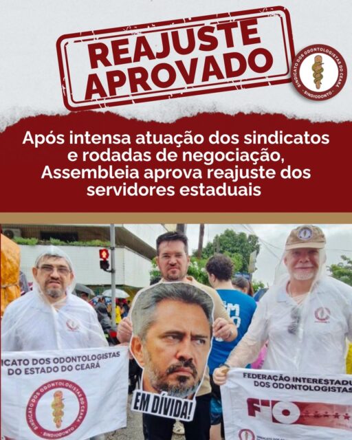 Após intensa atuação dos sindicatos, o governador Elmano de Freitas confirmou, nesta quinta-feira (26), o reajuste salarial de 5% para os servidores públicos do Estado do Ceará, após reunião com as entidades sindicais que integram o Fuaspec.

A direção do Sindiodonto ressalta que o índice concedido pelo governo não foi o valor reivindicado pelas entidades sindicais (7,74%), mas representou o reflexo da mobilização dos trabalhadores na campanha salarial de 2026. 
A implantação ocorrerá da seguinte forma:

✔️ 4,26% na folha de março(retroativo a janeiro)
✔️ 0,74% na folha de maio, com pagamento em junho

Durante o encontro, também foram apresentados importantes encaminhamentos, como:

▪️ antecipação do mês de implantação do reajuste;

▪️ garantia de que dirigentes sindicais não sofram prejuízo financeiro no exercício da atividade sindical;

▪️ ampliação do prazo de afastamento para tratamento de saúde de 3 para até 15 dias sem necessidade de perícia;

▪️ criação de grupo de trabalho para revisão dos juros das consignações, tema que impacta diretamente o orçamento dos servidores.

O Sindiodonto Ceará acompanha de perto cada etapa desse processo e seguirá atuando com firmeza na defesa dos direitos, da valorização profissional e das condições dignas de trabalho dos servidores públicos.