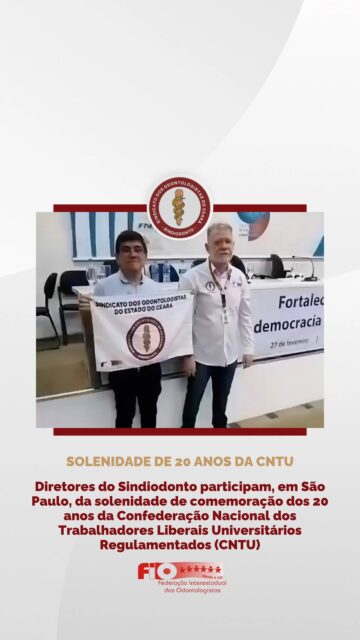 O Sindiodonto, através dos seus dirigentes da Federação Interestadual dos Odontologistas (FIO), Cleyton Magalhães e Aldivan Dias, participaram em São Paulo, no dia 27/02/26, da solenidade de comemoração dos 20 anos da Confederação Nacional dos Trabalhadores Liberais Universitários Regulamentados (CNTU), junto com os dirigentes dos diversos sindicatos filiados a Federação Nacional dos Farmacêuticos (FENAFAR) e da Federação Nacional dos Engenheiros (FNE). 

Após a solenidade comemorativa, que contou com diversas autoridades, foi elaborado o planejamento estratégico e o cronograma de atividades para o exercício 2026, além de amplo debate sobre o financiamento e fortalecimento do sistema sindical laboral, das diversas formas de precarização do trabalho e da importância das negociações  coletivas. 

Ao final do evento, Cleyton Magalhães, representando a FIO, foi um dos indicados pela CNTU, na condição de observador da II Conferência Nacional do Trabalho, cuja etapa nacional será realizada, nesta terça, dia 03 de março, em São Paulo (SP).