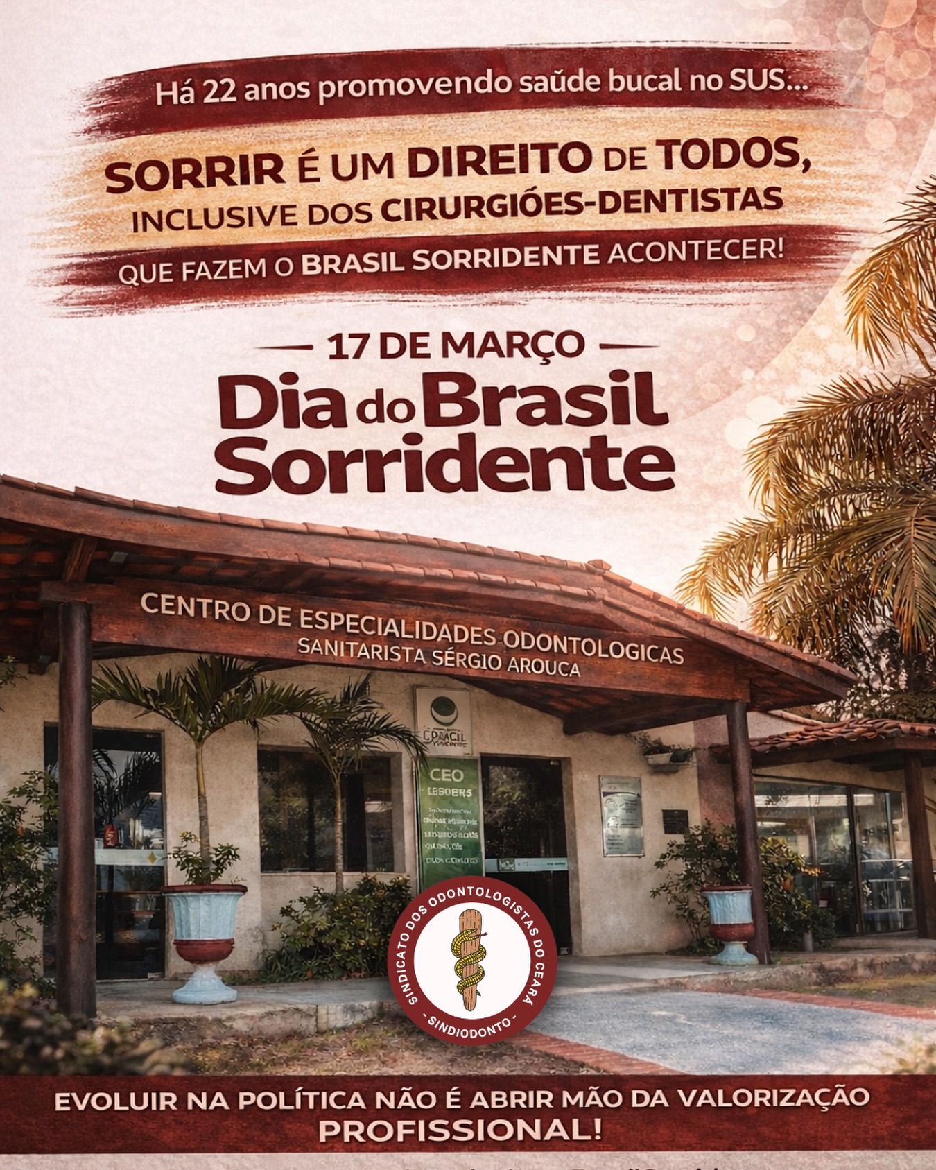 Hoje é dia de reconhecer um avanço importante na saúde pública do nosso país.

O Brasil Sorridente, que teve início em 2004, com o primeiro CEO inaugurado em Sobral, se consolidou ao longo dos anos como uma política de Estado, hoje integrada oficialmente ao SUS como direito da população. Esse é um marco que precisa, sim, ser valorizado.

Mas também é preciso dizer o que ainda não avançou como deveria.

Mesmo com o aumento dos investimentos na saúde bucal nos últimos anos, essa evolução não tem se refletido na valorização dos cirurgiões-dentistas que estão na linha de frente do SUS.

Seguimos defendendo uma política pública forte, estruturada e acessível, mas também justa com quem a faz acontecer todos os dias.

❗️Valorizar a saúde bucal passa, necessariamente, por valorizar seus profissionais.