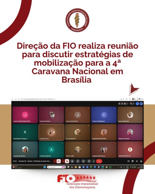 Na noite do dia 08/04/26, os diretores do Sindiodonto Cleyton Magalhães, Raquel Praxedes e Emmanuela Parente participaram de reunião ordinária da FIO(Federação Interestadual de Odontologia). 

Uma das pautas discutidas foram as estratégias de articulação e mobilização para a quarta Caravana de cirurgiões-dentistas e médicos que ocorrerá em Brasília dia dia 13 a 15 de abril e Brasília.

Continue seguindo as redes sociais do Sindidonto para saber dos próximos acontecimentos!
