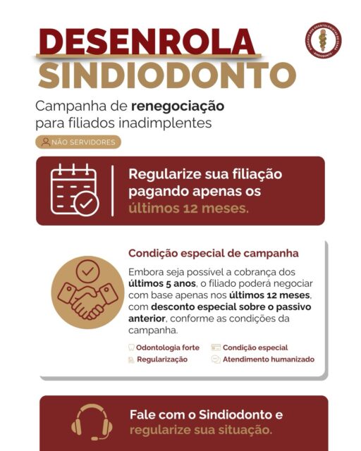 ❗️CAMPANHA DESENROLA SINDIODONTO ❗️

Regularizar sua situação com o Sindiodonto ficou mais acessível.

Lançamos uma campanha especial de renegociação para filiados inadimplentes (não servidores), com condição facilitada para que você possa voltar a ficar em dia com o sindicato e continuar fortalecendo a nossa categoria.

✅ Negociação com base apenas nos últimos 12 meses
✅ Desconto sobre débitos anteriores
✅ Possibilidade de pagamento via Pix ou cartão
✅ Acesso aos benefícios e convênios do sindicato
✅ Assessoria jurídica e fortalecimento da representatividade da categoria

Mais do que regularizar uma pendência, estar em dia é contribuir para uma odontologia mais forte e valorizada.

Entre em contato com o Sindiodonto e saiba mais sobre as condições da campanha: 

☎️ (85) 3231-4487
📱 (85) 98194-2909
📧 secretaria_sindiodonto@hotmail.com