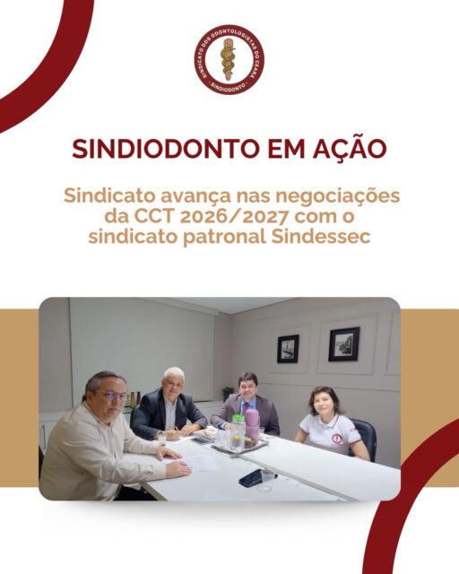 • Sindiodonto avança nas negociações da CCT 2026/2027 com o sindicato patronal Sindessec:

Nessa semana, nos dias 20 e 21 de maio, a diretora Emmanuela Parente e o assessor jurídico do Sindiodonto dr. Josberto Garcez, participaram de reuniões com o sindicato patronal Sindessec, representante dos estabelecimentos de saúde no estado do Ceará, para construção da Convenção Coletiva de Trabalho (CCT). 

A data-base da CCT Sindiodonto e Sindessec é o dia 1° de maio, e é importante pois se trata de um acordo normativo que rege direitos, deveres, reajuste de piso salarial e benefícios de toda nossa categoria profissional em setores da iniciativa privada. 

Colega cirurgião-dentista, filie-se ao Sindiodonto, acompanhe e participe da luta em defesa da nossa classe.

#sindiodontoce #CCT #pisosalarialCD #pisosalarialdentistas