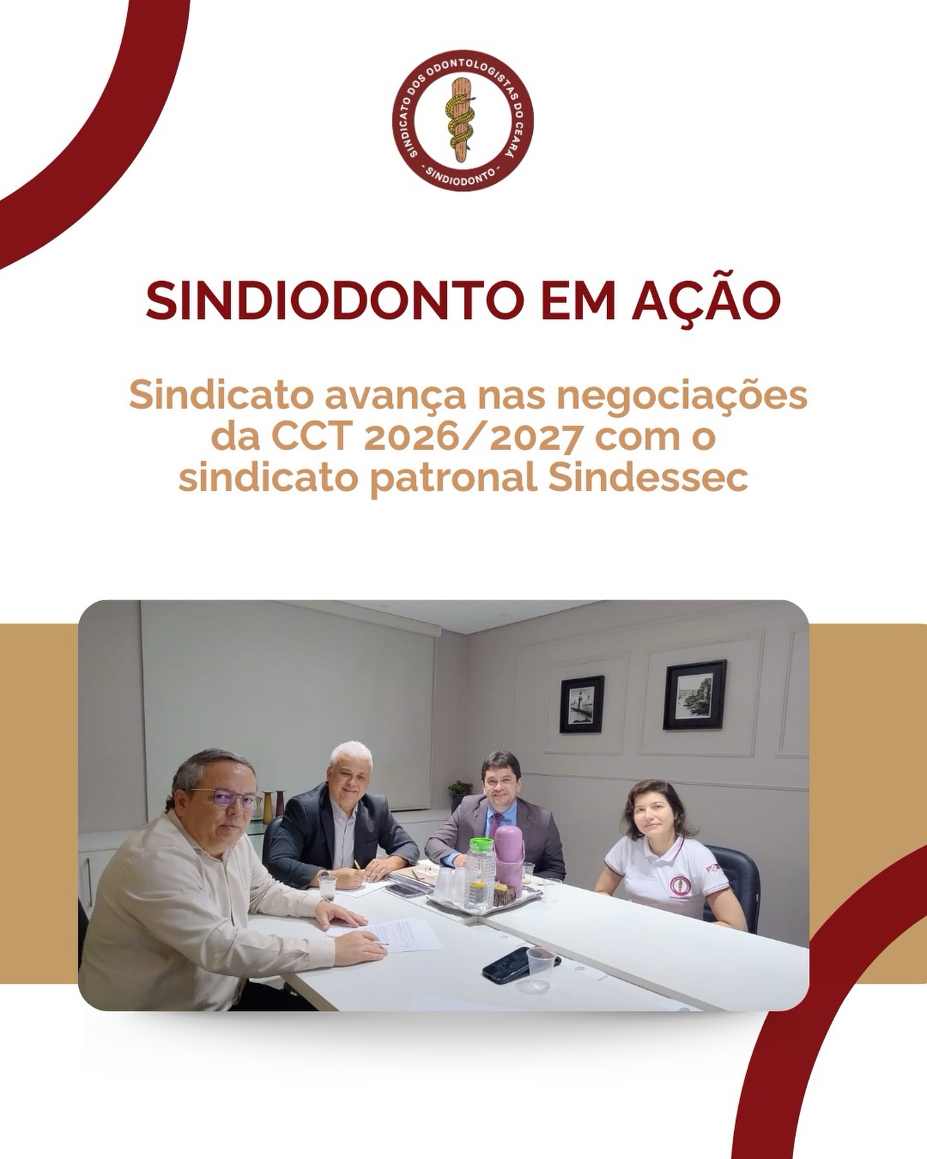 • Sindiodonto avança nas negociações da CCT 2026/2027 com o sindicato patronal Sindessec:

Nessa semana, nos dias 20 e 21 de maio, a diretora Emmanuela Parente e o assessor jurídico do Sindiodonto dr. Josberto Garcez, participaram de reuniões com o sindicato patronal Sindessec, representante dos estabelecimentos de saúde no estado do Ceará, para construção da Convenção Coletiva de Trabalho (CCT). 

A data-base da CCT Sindiodonto e Sindessec é o dia 1° de maio, e é importante pois se trata de um acordo normativo que rege direitos, deveres, reajuste de piso salarial e benefícios de toda nossa categoria profissional em setores da iniciativa privada. 

Colega cirurgião-dentista, filie-se ao Sindiodonto, acompanhe e participe da luta em defesa da nossa classe.

#sindiodontoce #CCT #pisosalarialCD #pisosalarialdentistas