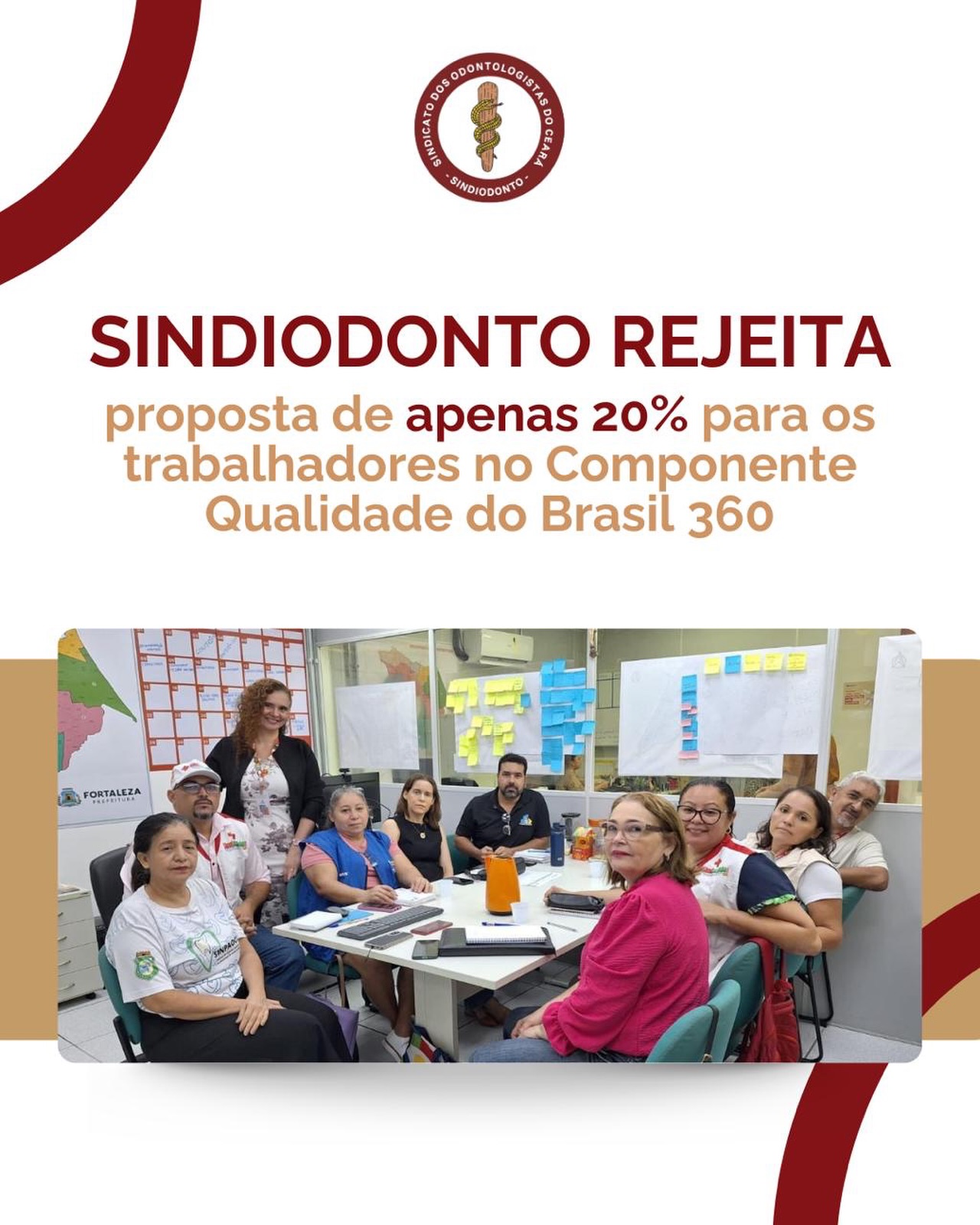 O Sindiodonto participou, nessa quinta-feira (11/06), da reunião do Grupo de Trabalho (GT) do novo financiamento da Atenção Primária à Saúde – Brasil 360, que ocorreu na Secretária Municipal de Saúde de Fortaleza.

Durante o encontro, foi apresentada aos sindicatos a proposta governamental para a divisão dos recursos do Componente Qualidade entre a gestão e os trabalhadores.

Infelizmente, a proposta prevê que apenas 20% do total dos recursos repassados pelo Governo Federal sejam destinados ao rateio entre os profissionais, mantendo a mesma lógica adotada no financiamento anterior, o Previne Brasil.

De forma unânime, os sindicatos presentes manifestaram discordância em relação à proposta apresentada. As entidades irão construir conjuntamente uma contraproposta, que será levada para discussão na próxima reunião da Mesa de Negociação Permanente do SUS.

❗️O SINDIODONTO segue firme na defesa da valorização dos trabalhadores e de uma distribuição justa dos recursos destinados à Atenção Primária.