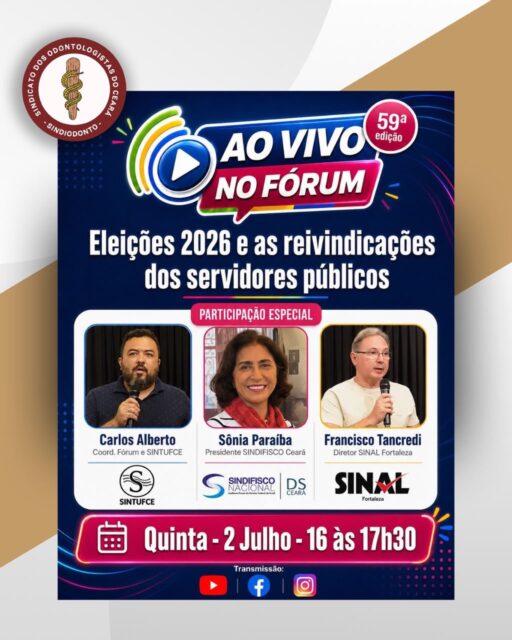 A Dra Raquel Praxedes, diretora-geral do Sindiodonto, é presença confirmada nesta quinta, dia 02/07, no programa AO VIVO NO FÓRUM com um tema decisivo: “Eleições 2026 e as reivindicações dos servidores públicos”. O programa vai ao ar de 16h às 17h30.

Compartilhe este convite com colegas de trabalho e nas redes de sua entidade.

Já confirme para receber o aviso do programa em: 

https://www.youtube.com/live/p5t30ef6nHU?si=y-33clHa-Eq6I_IA

Aguardamos a participação de todos!