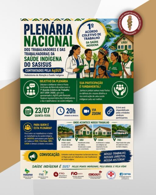 📢 Atenção: Plenária Nacional da AGESUS HOJE 

A Confederação dos Trabalhadores no Serviço Público Federal convida para a Plenária Nacional da AGESUS, que será realizada nesta quinta-feira, 23 de julho, às 20h, pela plataforma Zoom.

A participação da categoria é fundamental para acompanhar os debates e fortalecer a mobilização em defesa dos trabalhadores.

🔗 Acesso à reunião:
https://us02web.zoom.us/j/81973906066?pwd=mQT44WPcjXyKooaH89xspYKq5gCME2.1

🆔 ID da reunião: 819 7390 6066
🔑 Senha: 017827

Participe!

#SindiodontoCE #AGESUS #ServiçoPúblico #Mobilização #cirurgiõesdentistas
