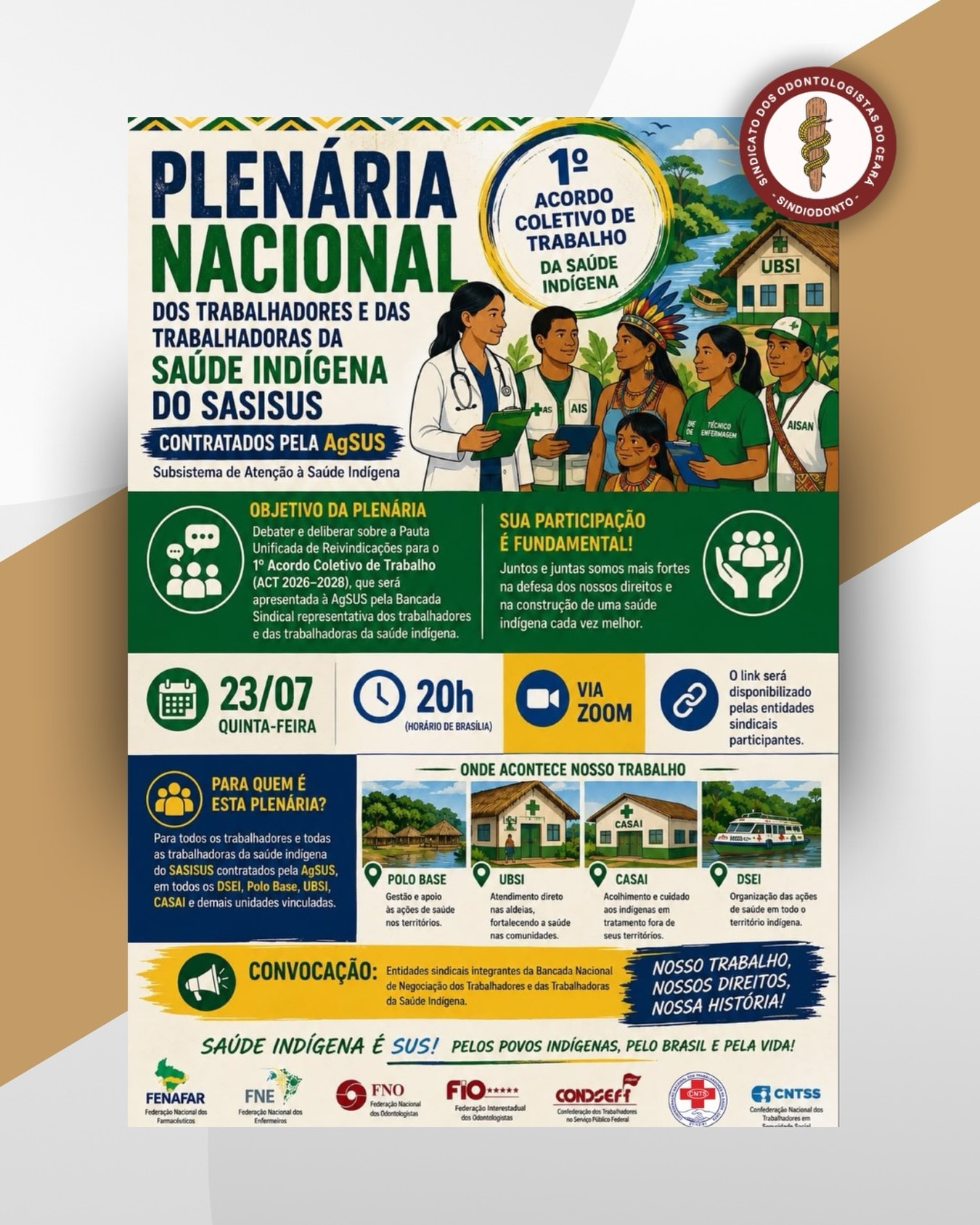 📢 Atenção: Plenária Nacional da AGESUS HOJE 

A Confederação dos Trabalhadores no Serviço Público Federal convida para a Plenária Nacional da AGESUS, que será realizada nesta quinta-feira, 23 de julho, às 20h, pela plataforma Zoom.

A participação da categoria é fundamental para acompanhar os debates e fortalecer a mobilização em defesa dos trabalhadores.

🔗 Acesso à reunião:
https://us02web.zoom.us/j/81973906066?pwd=mQT44WPcjXyKooaH89xspYKq5gCME2.1

🆔 ID da reunião: 819 7390 6066
🔑 Senha: 017827

Participe!

#SindiodontoCE #AGESUS #ServiçoPúblico #Mobilização #cirurgiõesdentistas