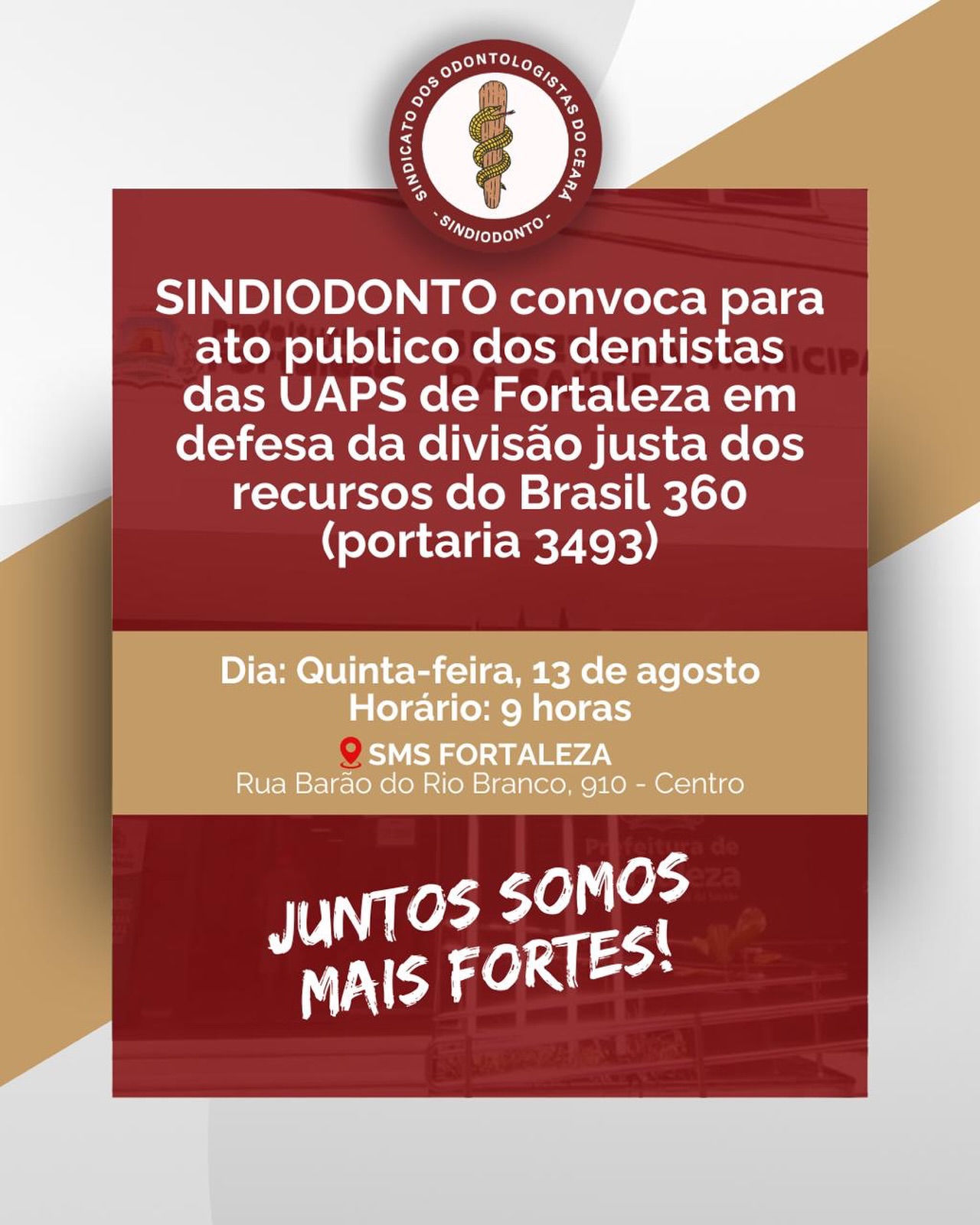 📢 É HORA DE MOBILIZAR!

O Sindiodonto Ceará convoca todos os cirurgiões-dentistas das UAPS de Fortaleza para o ato público em defesa de uma divisão justa dos recursos do Brasil 360, previstos na Portaria GM/MS nº 3.493/2024.

A valorização dos trabalhadores e a distribuição justa dos recursos dependem da participação e da união de todos. Nossa presença fortalece a luta e dá voz às nossas reivindicações!

📍 Secretaria da Saúde de Fortaleza
Rua Barão do Rio Branco, 910
📅 Quinta-feira, 13 de agosto
⏰ 9h

Participe! Juntos somos mais fortes na defesa dos direitos dos servidores! ✊

#SindiodontoCE #Brasil360 #ValorizaçãoProfissional #Mobilização