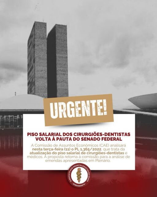❗️❗️Atenção, cirurgiões-dentistas! 

Está agendada para esta terça-feira (11/08), amanhã, às 10h, a análise do PL n° 1.365/2022 pela Comissão de Assuntos Econômicos (CAE) do Senado Federal.

A proposta trata da atualização do piso salarial dos médicos e cirurgiões-dentistas e retorna à Comissão para análise das emendas apresentadas em Plenário.

É muito importante a mobilização de todos para que essa pauta continue avançando! Participe dessa luta! 

Só a luta muda a vida!