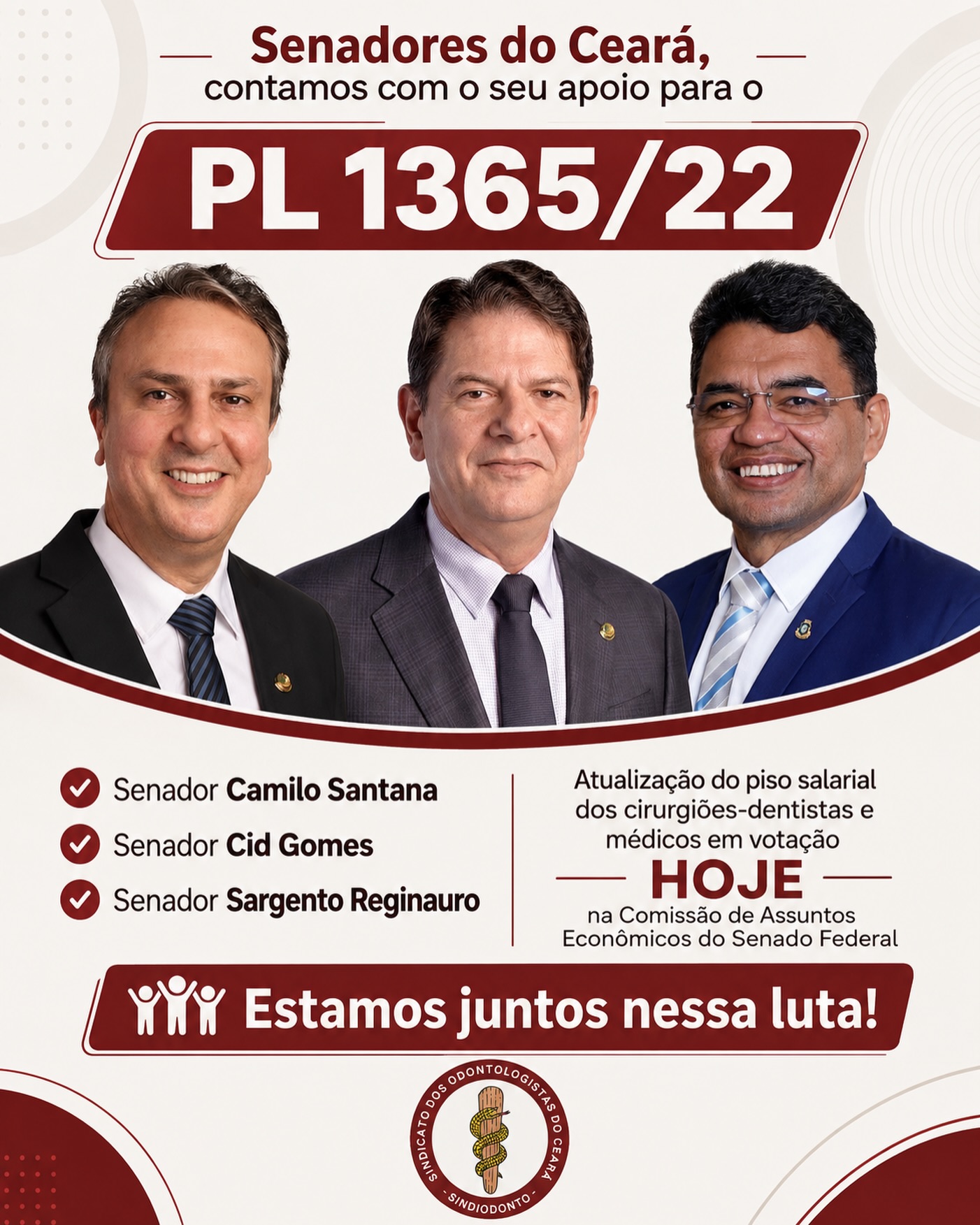 O Sindiodonto faz um apelo aos senadores do estado Ceará para que apoiem a aprovação do do PL n° 1.365/2022, pela atualização do piso salarial dos médicos e cirurgiões-dentistas! A matéria está sendo apreciada nesta manhã pela Comissão de Assuntos Econômicos (CAE) do Senado Federal.

É muito importante a mobilização de todos para que essa pauta continue avançando! Participe dessa luta! 

Só a luta muda a vida!