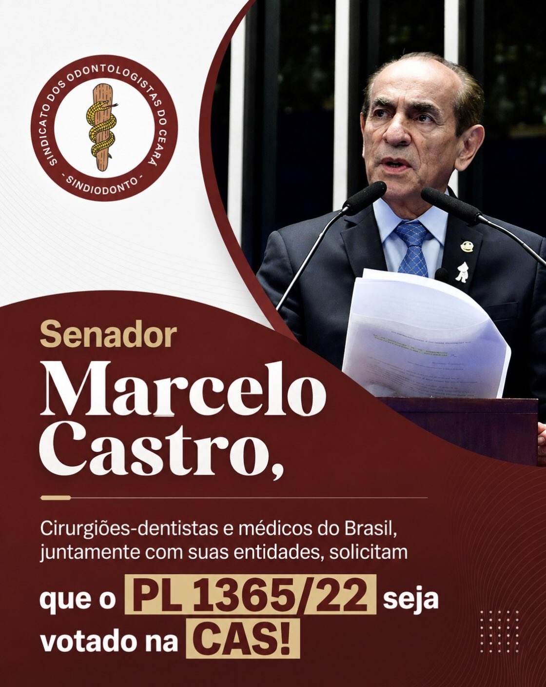 Estamos nos aproximando de uma semana decisiva para a valorização da Odontologia em todo o país! Com a semana de esforço concentrado do Senado, prevista para ocorrer presencialmente em Brasília, de 31 de agosto a 4 de setembro de 2026,  é dada uma importante oportunidade para o avanço de pautas prioritárias.

O Sindiodonto Ceará soma-se às vozes de todos os cirurgiões-dentistas e médicos brasileiros para solicitar ao presidente da Comissão de Assuntos Sociais, senador Marcelo Castro, @marcelocastropi , que considere pautar novamente o PL 1.365/22, no dia 01 ou 02 de setembro, projeto que já foi aprovado na CAS e que, após recursos e emendas, retorna à Comissão para continuidade de sua tramitação.

Seguimos na luta pela valorização profissional! Participe dessa mobilização. Compartilhe esse post e marque o senador. 

JUNTOS SOMOS MAIS FORTES!