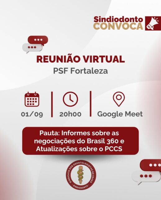 Na próxima terça-feira, 1º de setembro, às 20h, teremos reunião com os profissionais do PSF Fortaleza para atualizar e debater pautas importantes da categoria.

Na pauta:
• Informes sobre as negociações do Brasil 360
• Atualizações sobre o PCCS

A participação de todos é fundamental para acompanhar os avanços e fortalecer a mobilização da categoria.

💻 Google Meet: meet.google.com/ndz-cdju-xuu (link disponível na bio do perfil)

Contamos com vocês!