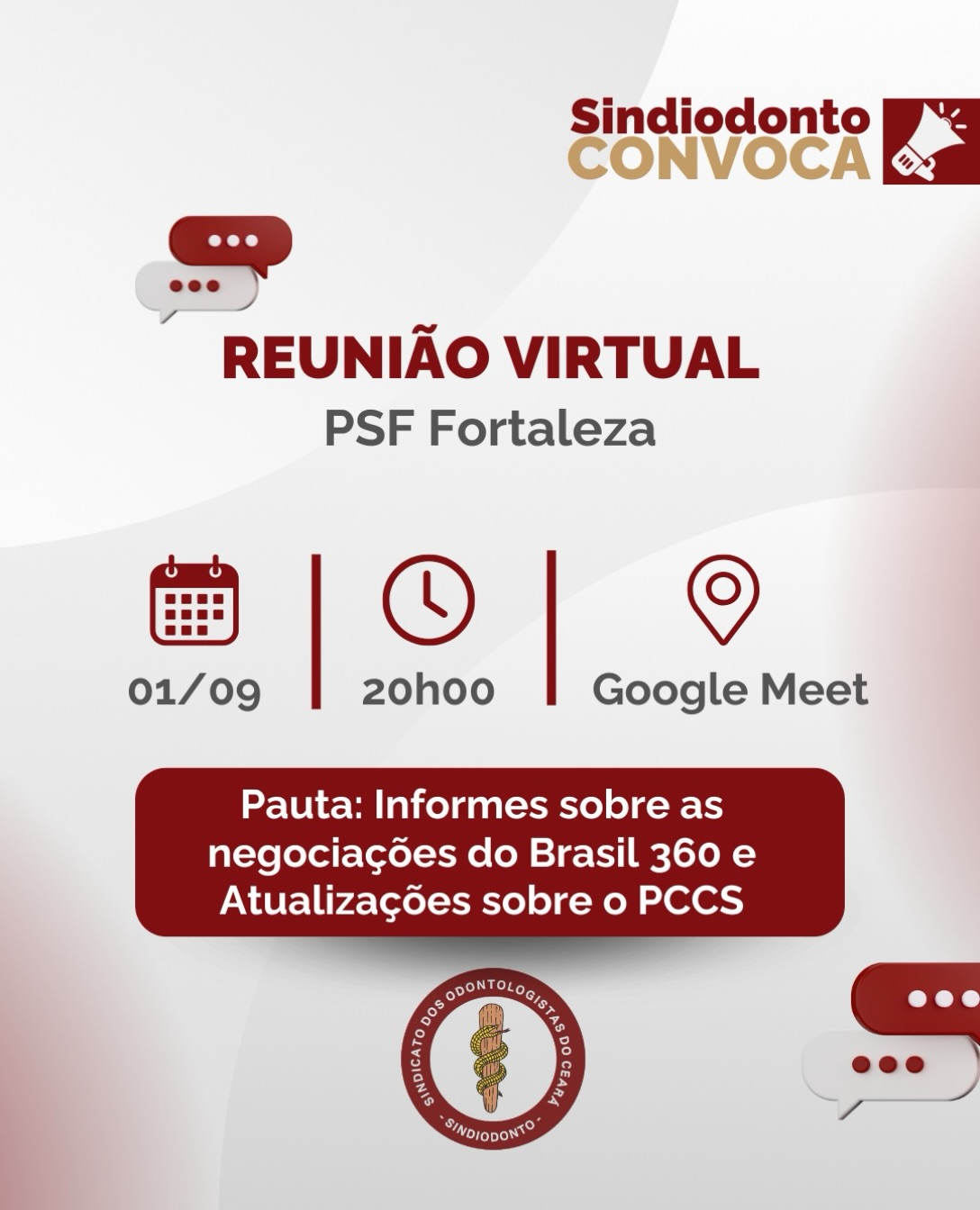 Na próxima terça-feira, 1º de setembro, às 20h, teremos reunião com os profissionais do PSF Fortaleza para atualizar e debater pautas importantes da categoria.

Na pauta:
• Informes sobre as negociações do Brasil 360
• Atualizações sobre o PCCS

A participação de todos é fundamental para acompanhar os avanços e fortalecer a mobilização da categoria.

💻 Google Meet: meet.google.com/ndz-cdju-xuu (link disponível na bio do perfil)

Contamos com vocês!