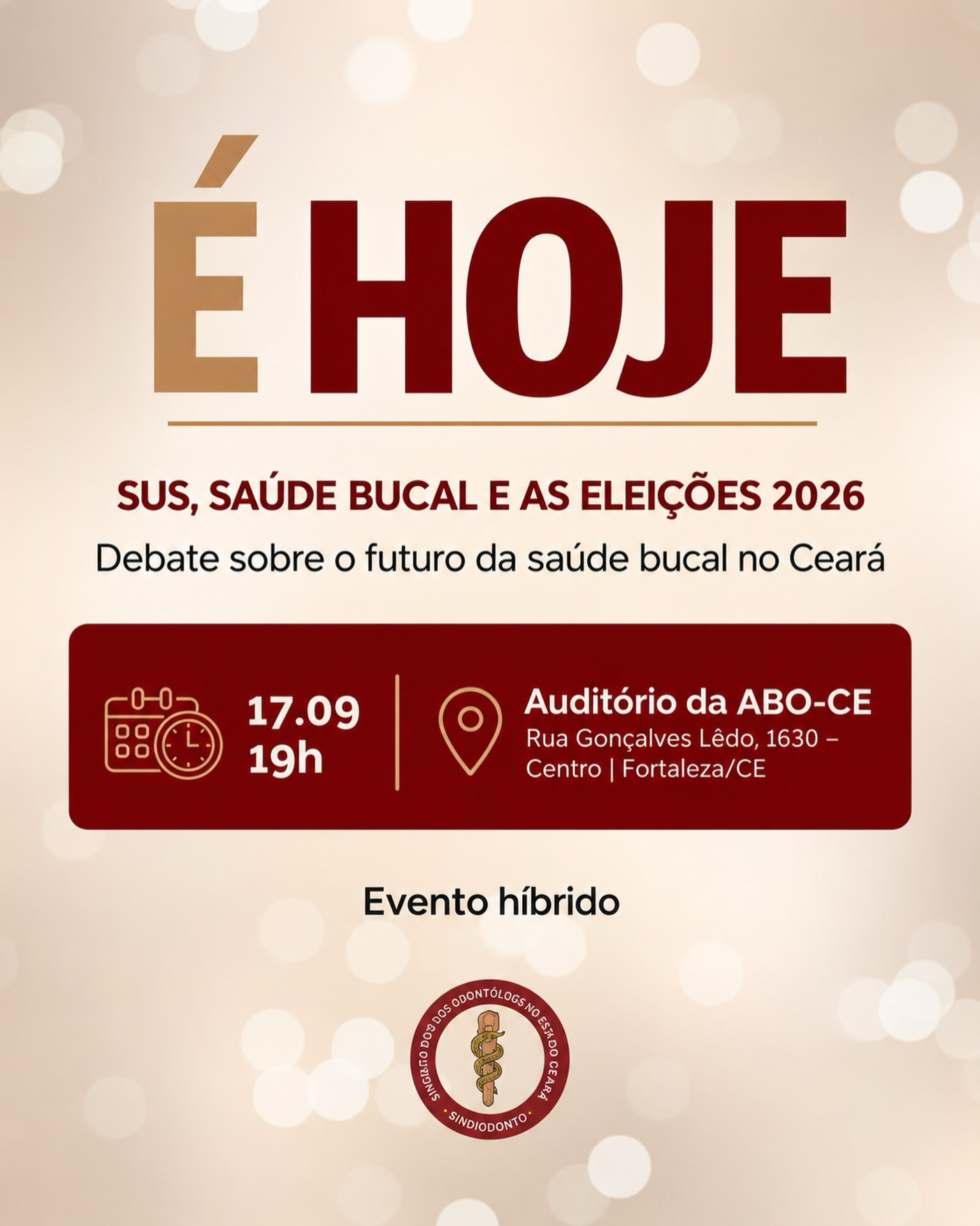 Nós temos um encontro marcado logo mais, às 19h, com os candidatos nas Eleições 2026 para debatermos as políticas de saúde bucal e o SUS na agenda política dos nossos futuros representantes. 

Participe desse importante momento para colocar a saúde como prioridade das políticas públicas para os próximos anos. É com união que poderemos superar os desafios de hoje! 

JUNTOS SOMOS MAIS FORTES! 

#sindiodontoceara #eleicoes2026 #sus #saudebucal #valorizaodonto
