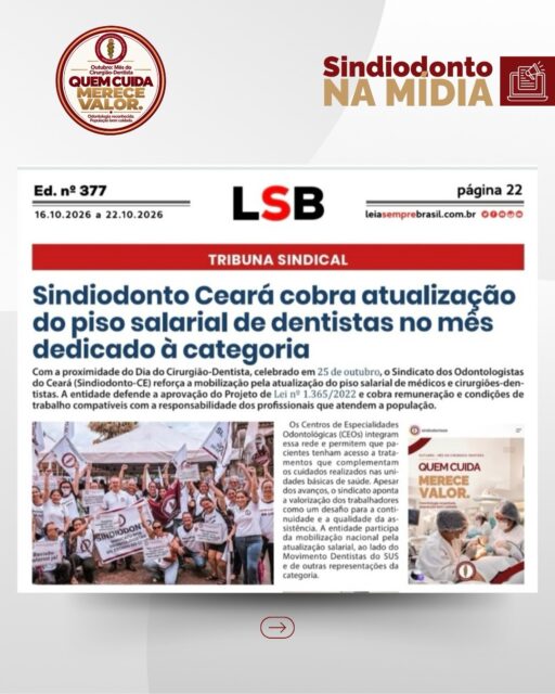 #SindiodontoNaMídia A luta do Sindiodonto pela valorização dos cirurgiões-dentistas do Ceará foi destaque no Jornal Leia Sempre Brasil. 📲 Arraste as imagens para o lado e confira a matéria na íntegra.