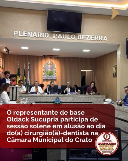 O representante de base do Sindiodonto, dr. Oldack Sucupira participou da sessão solene em alusão ao dia do(a) cirurgião(ã)-dentista, no dia 26/10/26, realizada na câmara municipal do Crato. 

Na ocasião, a solenidade foi presidida pelo dr. Thiago Esmerado e . Dr. Oldack Sucupira fez o discurso de homenagem aos colegas Cirurgiões-dentistas e cirurgiãs-dentistas. 

A sessão contou com a presença da Coordenação de Saude Bucal do municipio, a Dra. Saskya Barreto e com representação de Profissionais da Atenção Básica: dra. Mônica Sucupira, dra. Inês Martins e dr. João Xenofonte.